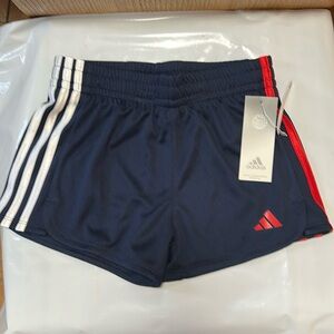NWT Adidas Girls Three Stripe Mesh Navy Training Shorts. Size 7/8
